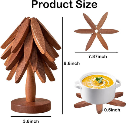 ROXANEPIG Wooden Trivets for Hot Dishes, 4pcs Tree Trivets +1 Stand, Wooden placemat Coaster, Tree Design hot Pot mat, Heat Resistant Folding mat for teapot, pan, Bowl (Black Walnut)