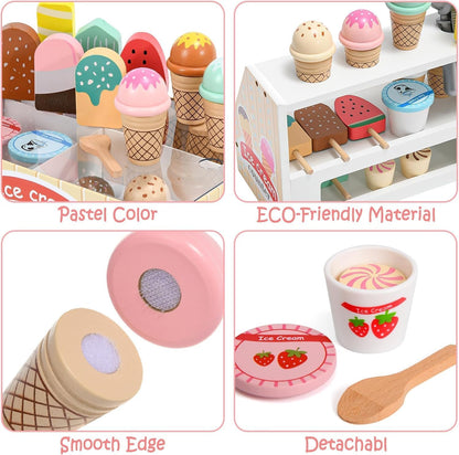 Wooden Ice Cream Toys Kids Pretend Play Store Toys for Toddlers Girls 3-5, Play Kitchen Accessories with Counter & Menu, Wooden Food Christmas Birthday Gifts for 3 4 5 Year Old Girls Boys