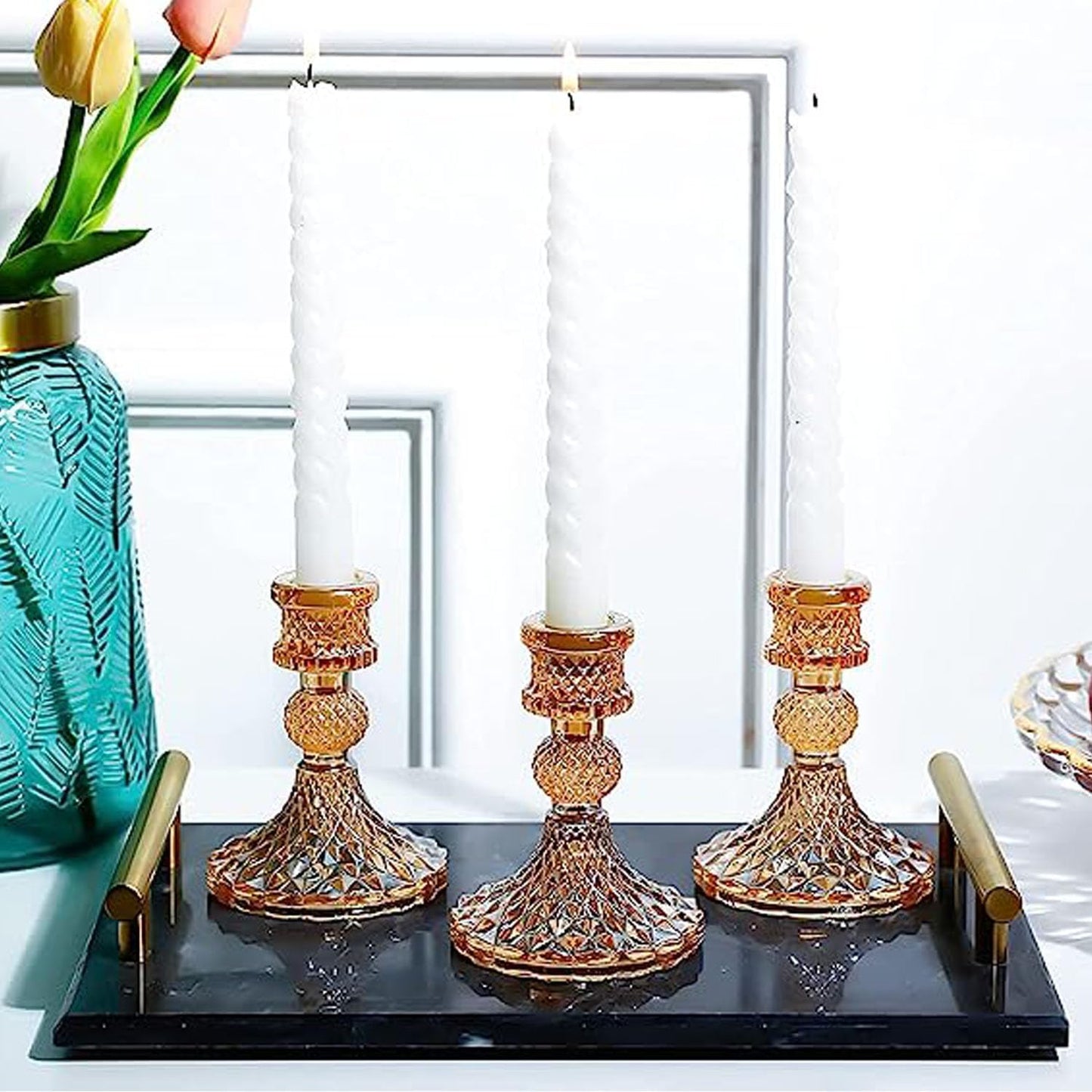 2pcs Candlestick Holders, Taper Candle Holders Glass, Candle Pillar Stands for Table Mantel Wedding Housewarming Gift Home Decoration (Gold 2pcs)