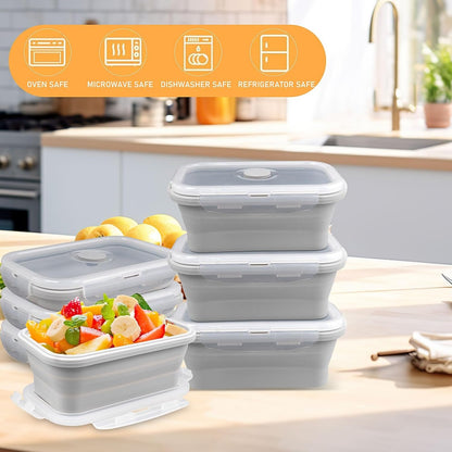 8 Pack 17 oz Silicone Collapsible Food Storage Containers Rectangle Meal Prep Container with Vent Lids Foldable Lunch Box for Camping Kitchen Microwave Dishwasher Freezer Safe (Gray)