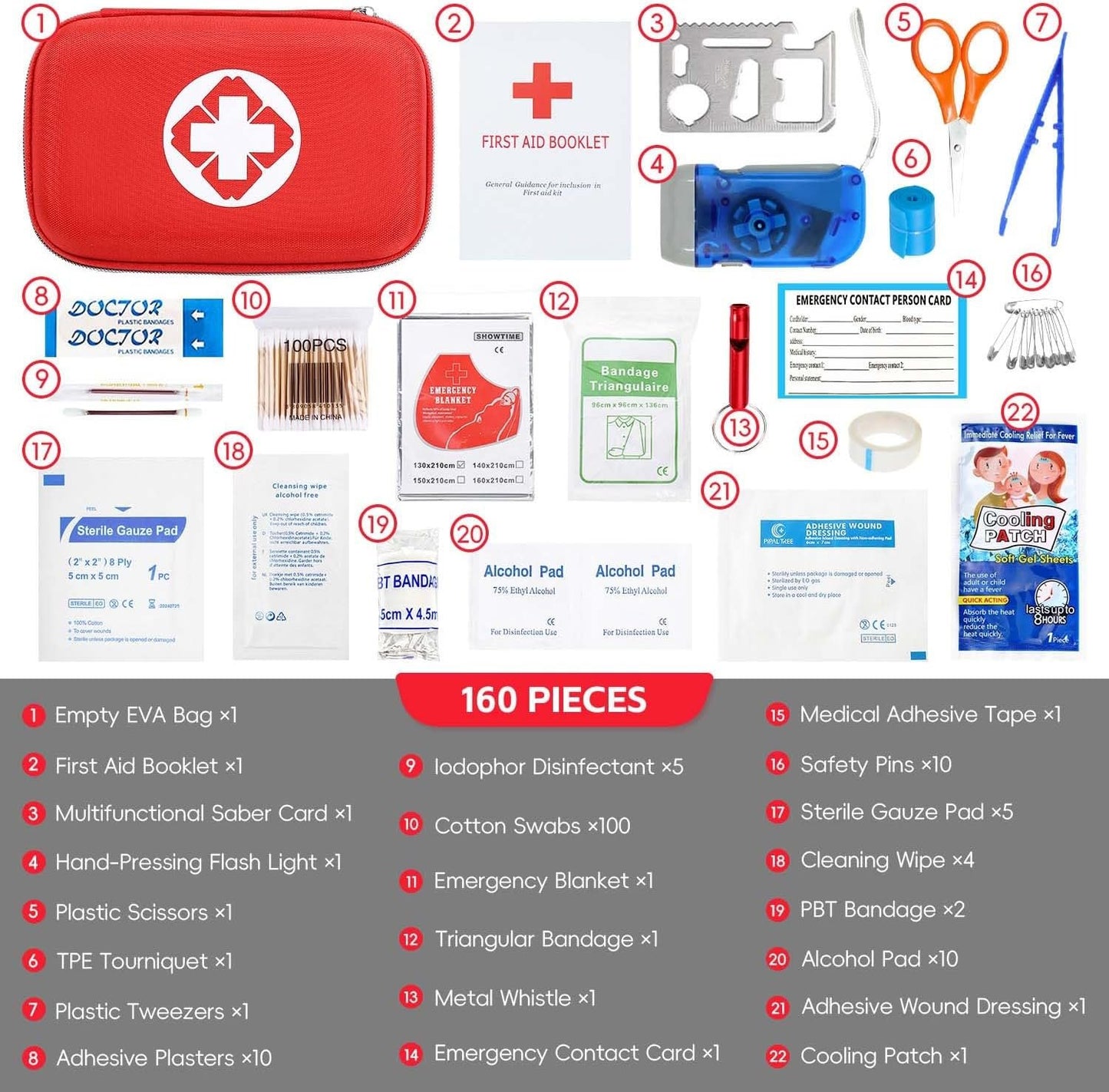 YouNuo Car First Aid Kits, 160pcs Survival Gear Emergency Kit Waterproof Hard Shell Case, Portable Compact First Aid Kit for Home/Car/Travel/Camping/Hiking/Outdoor/Sports/Office/Boat