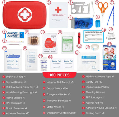 YouNuo Car First Aid Kits, 160pcs Survival Gear Emergency Kit Waterproof Hard Shell Case, Portable Compact First Aid Kit for Home/Car/Travel/Camping/Hiking/Outdoor/Sports/Office/Boat