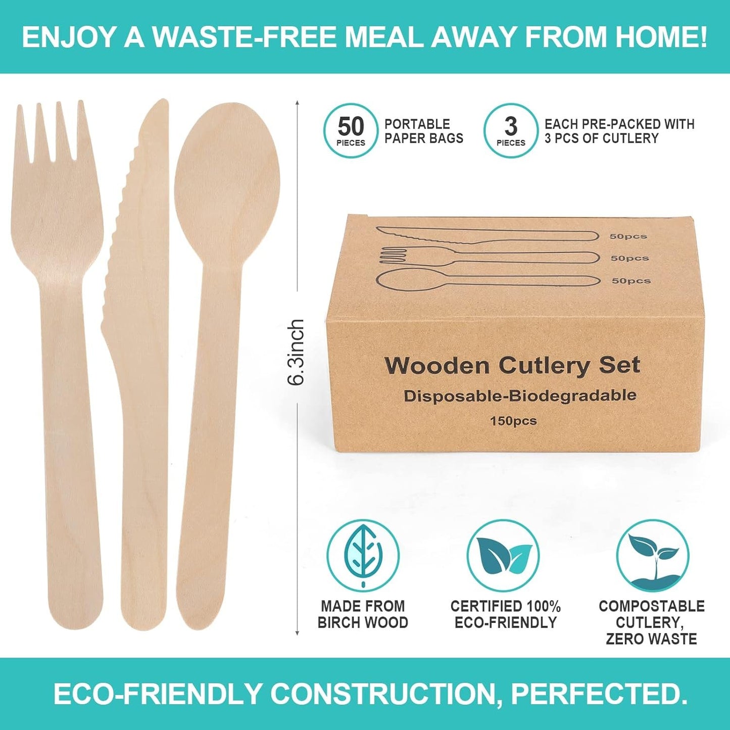 (150 Count) Disposable Wooden Cutlery Set - Alternative to Plastic Cutlery, Eco Friendly, Biodegradable, Compostable Cutlery Set - 50 Wood Spoons, 50 Wooden Knives, 50 Wooden Forks Disposable Utensils