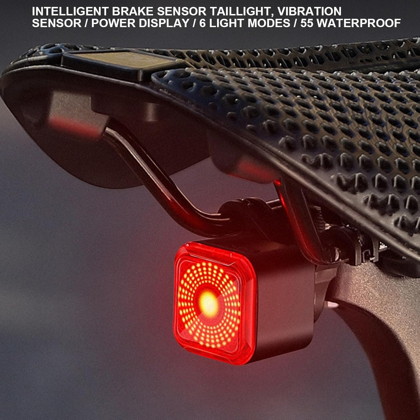 Smart Cycling Tail Light, Brake Sensing Rear Light, 6 Lighting Modes, Digital Power Display, Vibration Sensor, Waterproof Ip55, Rechargeable, Road Mountain City Commuting