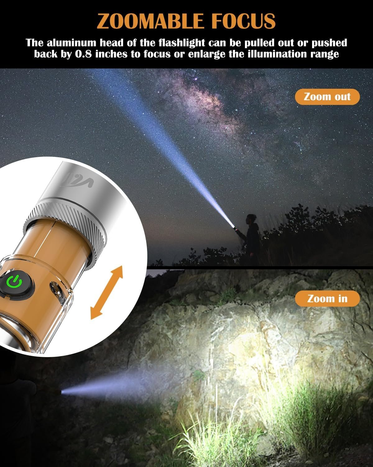 VLU Flashlight, Tactical Flashlights High Lumens, Rechargeable 1000 Lumens LED Flashlight with 5 Modes, Focus Zoomable Flashlights for Home, Outdoor & Emergency, Gift for Men Women, XST-X10