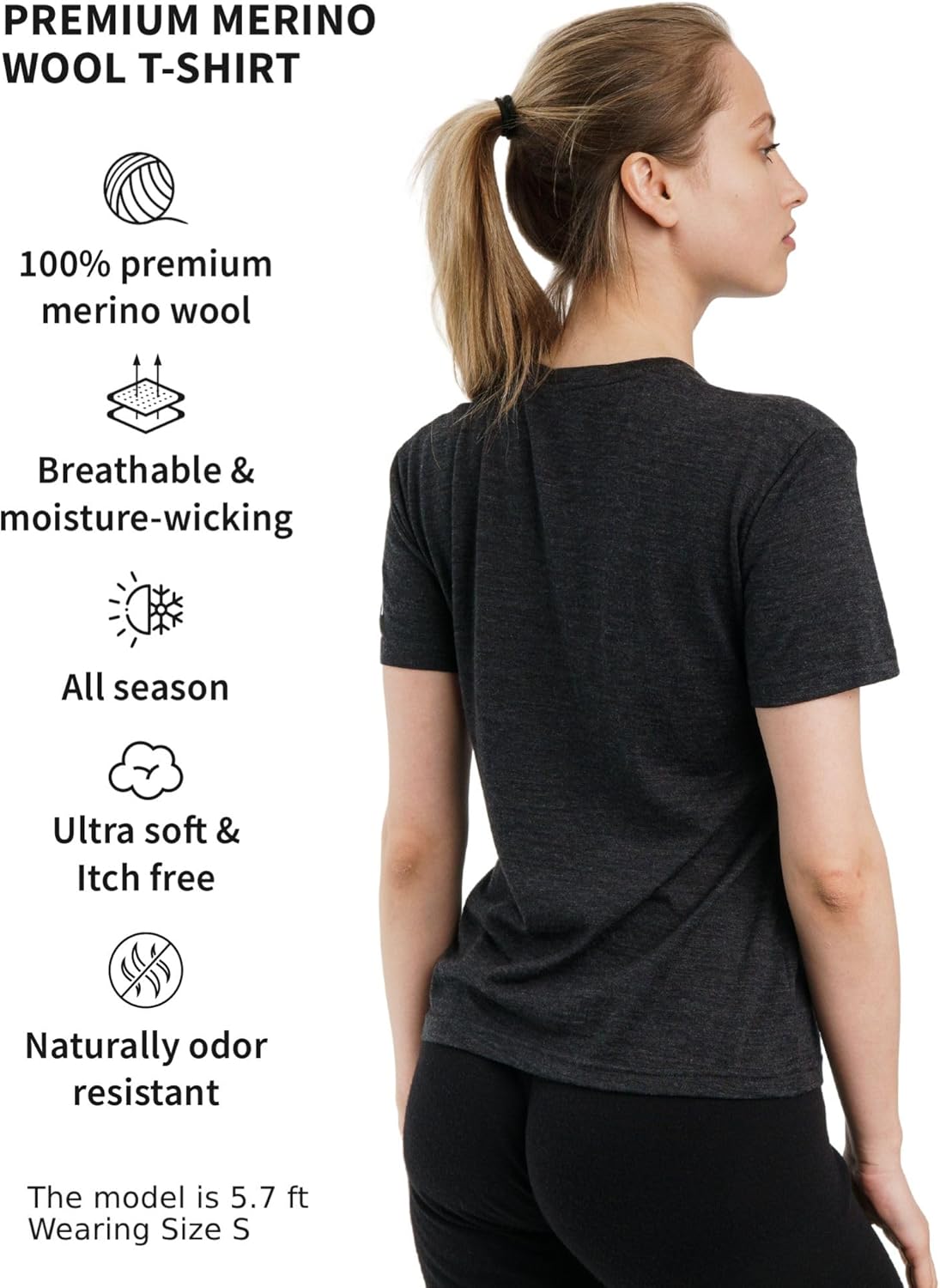Merino.tech Merino Women's T-Shirt – 100% Thermal Short Sleeve Jersey in Merino Wool with Socks