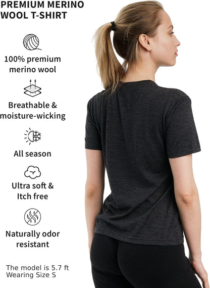 Merino.tech Merino Women's T-Shirt – 100% Thermal Short Sleeve Jersey in Merino Wool with Socks