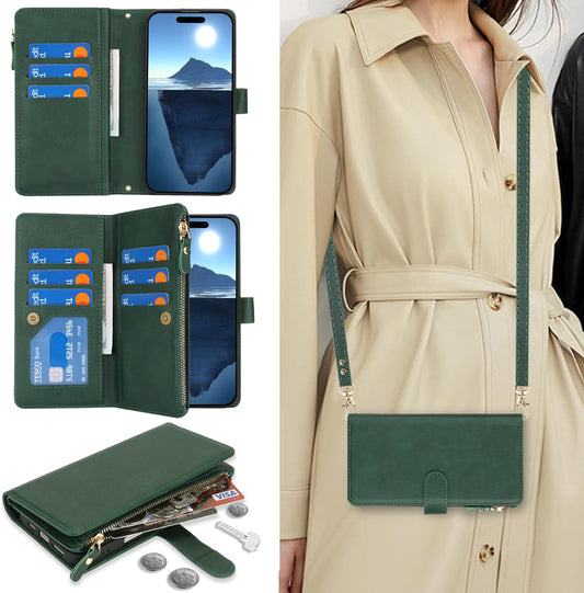 Cavor for iPhone 16 Pro Max Case 6.9 inch PU Leather Folio Flip Wallet Back Cover Magnetic Case with Long Shoulder Lanyard Zipper Coin Purse 9 Card Holder Kickstand Wristlet Strap-Green