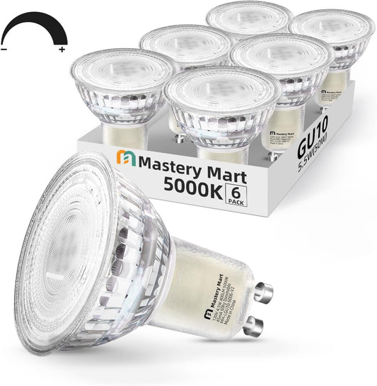 Mastery Mart Dimmable GU10 LED Light Bulbs, 4.5W Bright 5000K Daylight White 50W Halogen Equivalent, 400lm Energy Saver for Track Lighting Fixture, Kitchen, Basement, Living Room, 25000 hrs, 6 Pack
