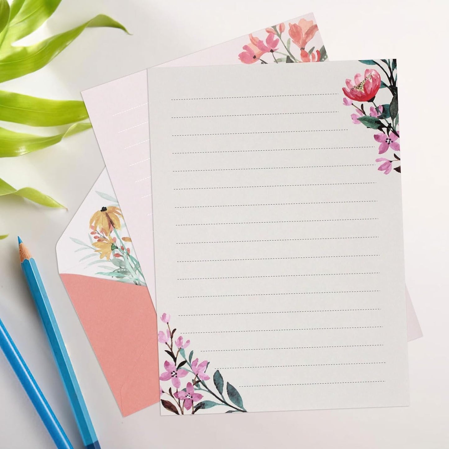 KSIWRE 36 PCS Writing Paper and Envelopes Set,Warm Floral Themed Stationary Set for Wedding Invitations Wishes,24 Lined Stationery Paper with 12 Envelops