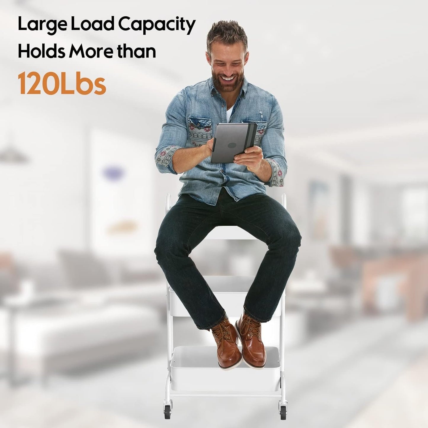 Ceayell 3-Tier Metal Rolling Storage Cart Heavy Duty Utility Cart Organizer with Lockable Wheels (WHT)