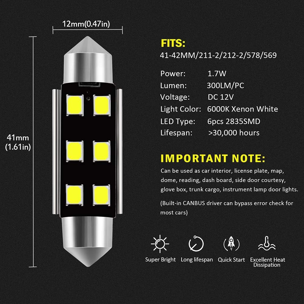AUXLIGHT 211-2 212-2 578 569 214-2 41MM 1.61”Festoon Canbus Error Free LED Interior Light Bulbs 6000K Xenon White, Super Bright 6SMD Chips for Dome Map Door Courtesy License Plate Lights (Pack of 6)