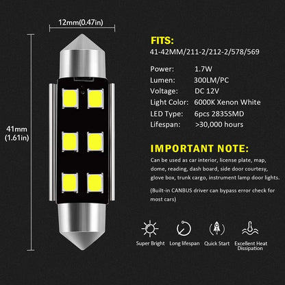 AUXLIGHT 211-2 212-2 578 569 214-2 41MM 1.61”Festoon Canbus Error Free LED Interior Light Bulbs 6000K Xenon White, Super Bright 6SMD Chips for Dome Map Door Courtesy License Plate Lights (Pack of 6)