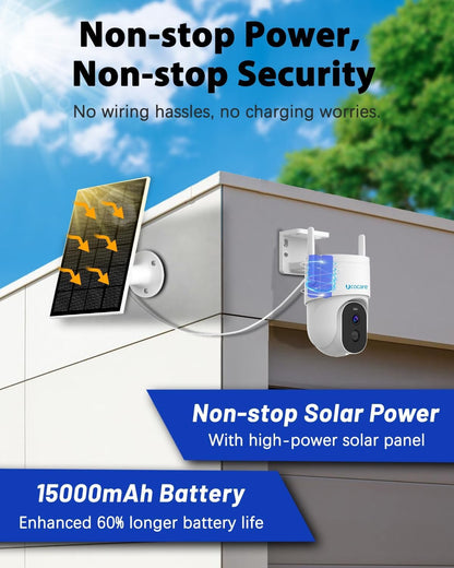 4MP QHD Solar Security Camera Outdoor Wireless WiFi, UCOCARE 360Â° PTZ Surveillance Cameras with 5W Solar Panel & 15000mAh Battery, PIR Motion Detection Alarm, 30m Color Night Vision, 2-Way Talk, IP66