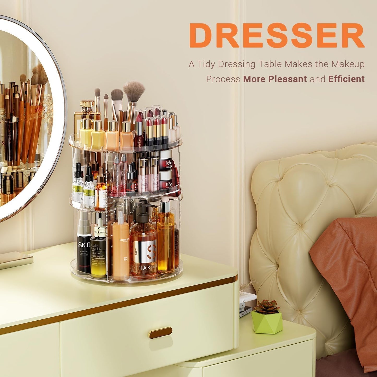 Auxmir 360° Rotating Makeup Holder, Multifunctional Makeup Organizer, Cosmetic Organizer 9 Adjustable Shelves, Large Capacity, Suitable for Cream Perfume Makeup Brushes (Transparent)