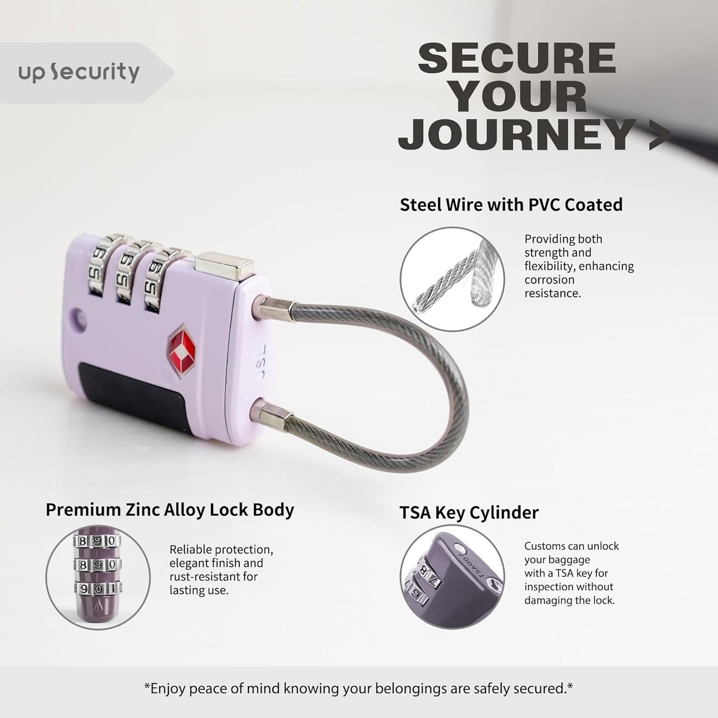 UP Security Combo TSA Locks for Luggage, Locker, Suitcase, Luggage Locks TSA Approved, Small Combination Padlock with Cable for Gym Locker, Gun Case, Backpack Bag Zipper, Storage Box, Travel Safe