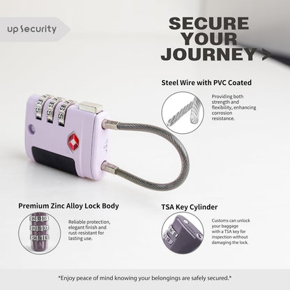 UP Security Combo TSA Locks for Luggage, Locker, Suitcase, Luggage Locks TSA Approved, Small Combination Padlock with Cable for Gym Locker, Gun Case, Backpack Bag Zipper, Storage Box, Travel Safe