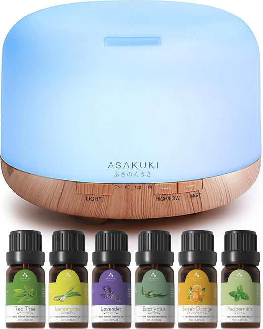 ASAKUKI Oil Diffuser with  Essential Oils Set, 500ml Aromatherapy Humidifier with 14 LED Colors & Auto Shut-Off - 6 Oil Gift Pack(Lavender Eucalyptus Tea Tree Orange Peppermint Lemongrass)
