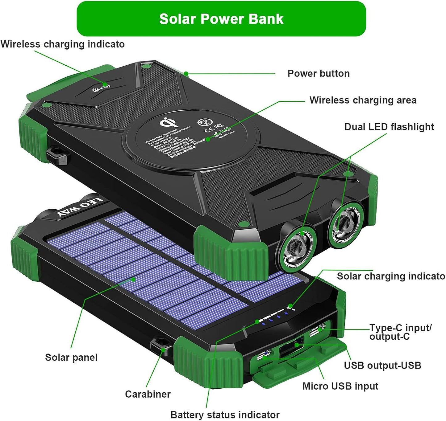 Solar Power Bank, Solar Charger 10000mAh QI Wireless Charger Portable External Battery Pack, Solar Panel Charging with Compass Dual Flashlight Outdoor Camping(Green)