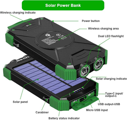 Solar Power Bank, Solar Charger 10000mAh QI Wireless Charger Portable External Battery Pack, Solar Panel Charging with Compass Dual Flashlight Outdoor Camping(Green)