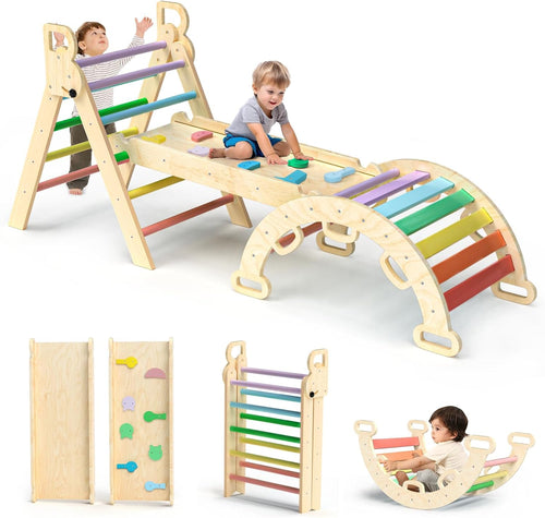 Omebel Pikler Triangle Set, 7 in 1 Foldable Toddler Climbing Toys Wooden Montessori Climbing Set with Arch&Ramp&Ladder Baby Climber Indoor Jungle Gyms for Toddlers Montessori Toys
