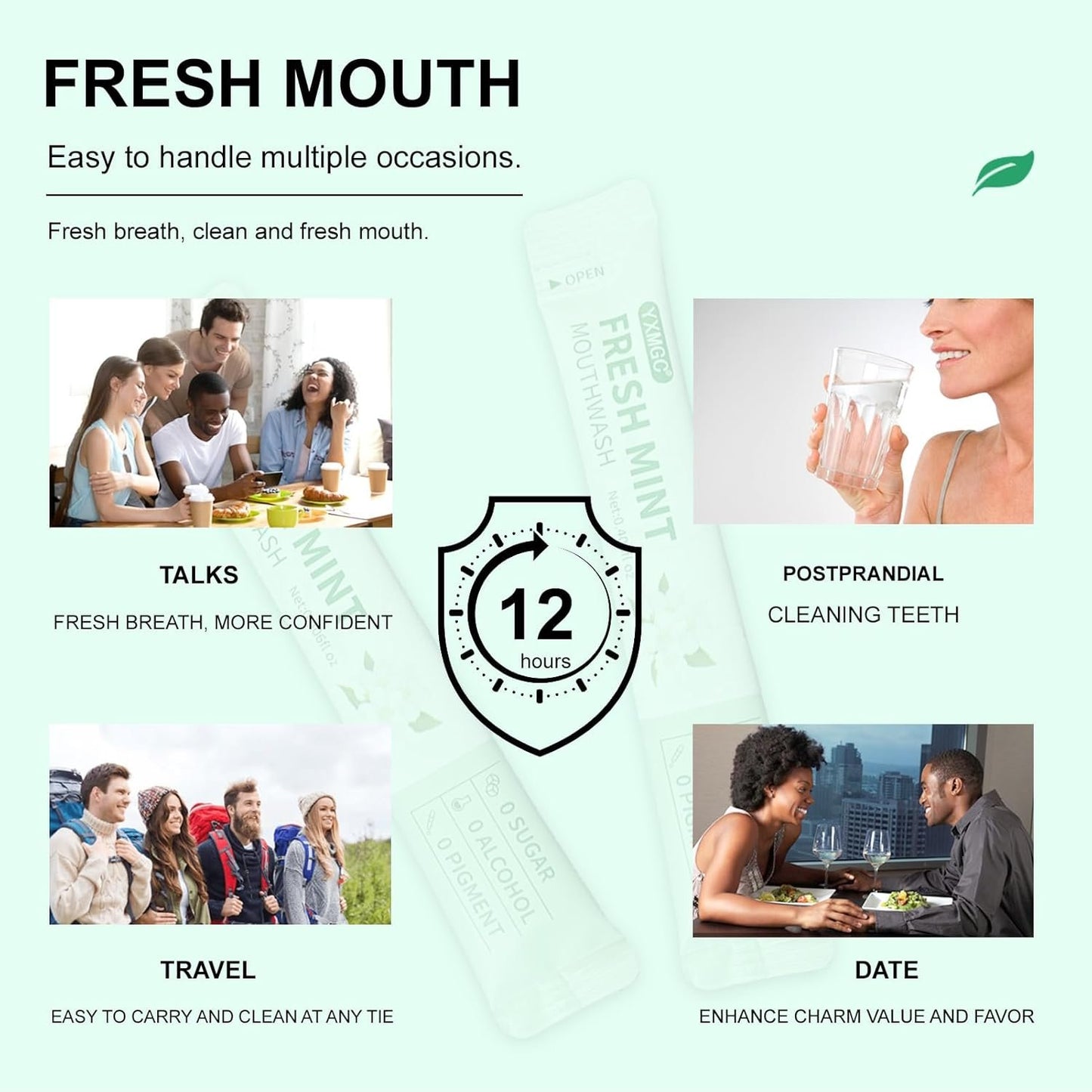 YXMGC Travel Size Mouthwash Packets – Portable, Fresh Breath Anytime, Eliminates Bad Breath, Sugar-Free, Alcohol-Free, 20 Pack ×12 ml