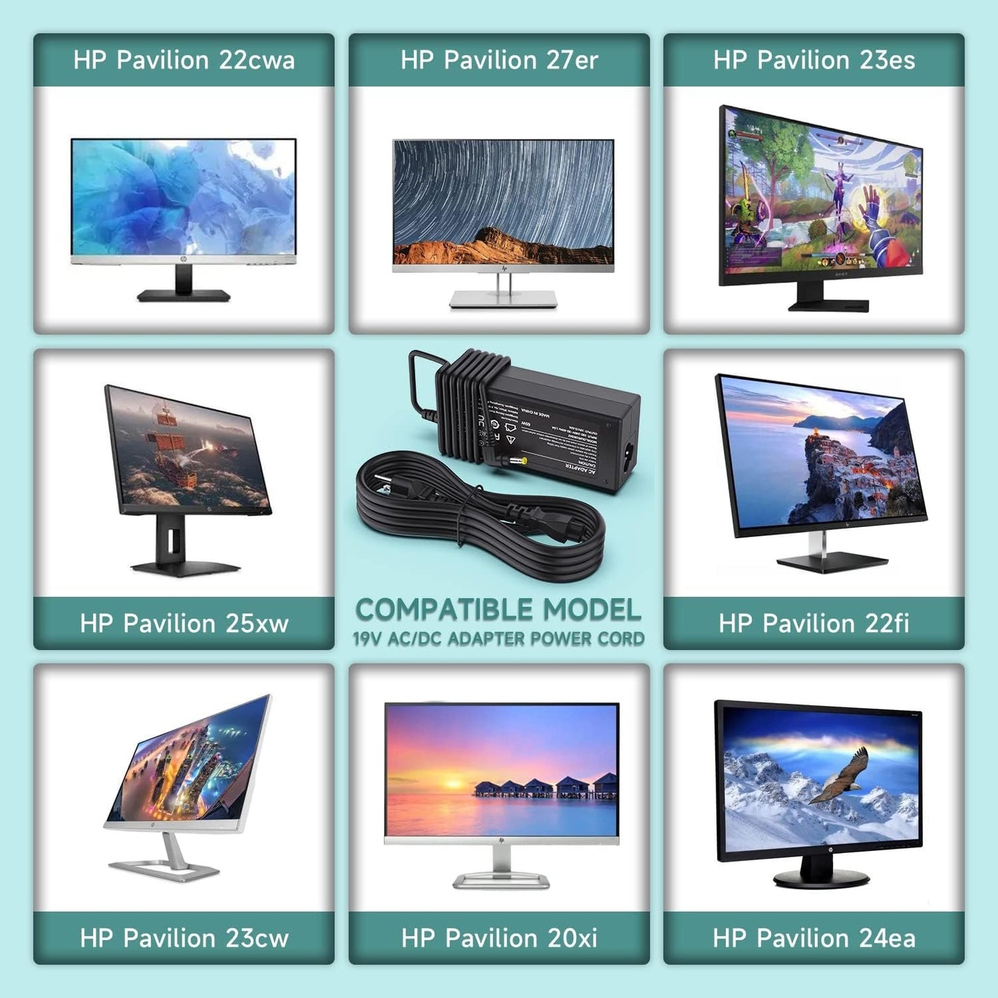 19V HP Monitor Power Cord for 27" 25" 23.8" 23" 21.5" 20", HP 27XW, 27XI, 27BW, 27ER, 27ES, 25XW, 25BW, 25XI, 24EA, 23XI, 23BW, 23CW, 23ES, 22CWA, 22BW, 22FI, 20XI, ADPC1945 Power Supply
