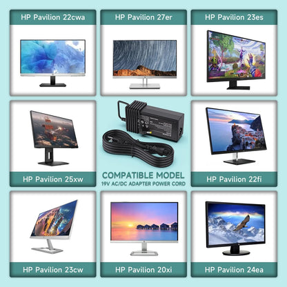 19V HP Monitor Power Cord for 27" 25" 23.8" 23" 21.5" 20", HP 27XW, 27XI, 27BW, 27ER, 27ES, 25XW, 25BW, 25XI, 24EA, 23XI, 23BW, 23CW, 23ES, 22CWA, 22BW, 22FI, 20XI, ADPC1945 Power Supply