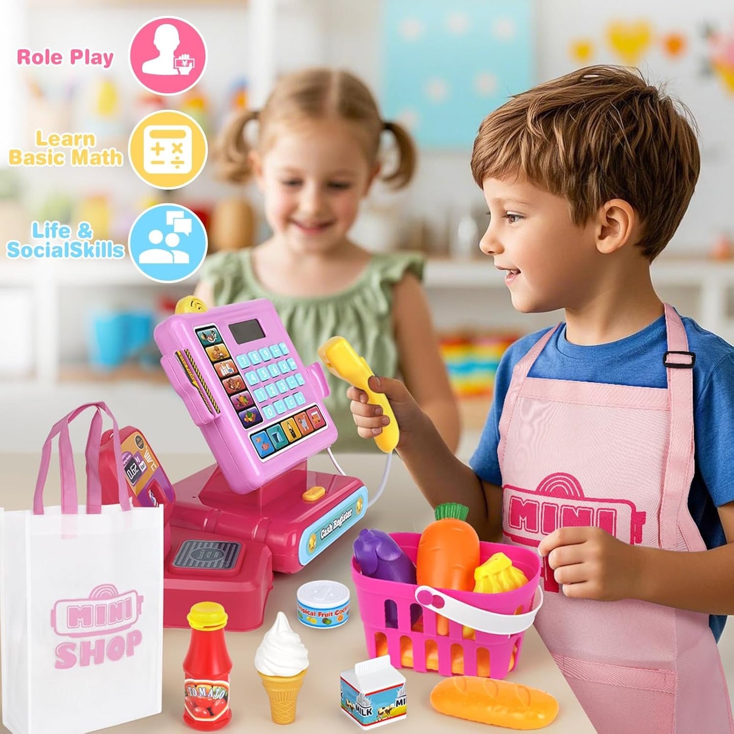 Dreamon Cash Register Toy for Kids with Scanner, Caisse Enregistreuse Enfant, Play Money Shopping Cart Educational Learning Gifts for Girl Boys Ages 3 4 5 6 7 8