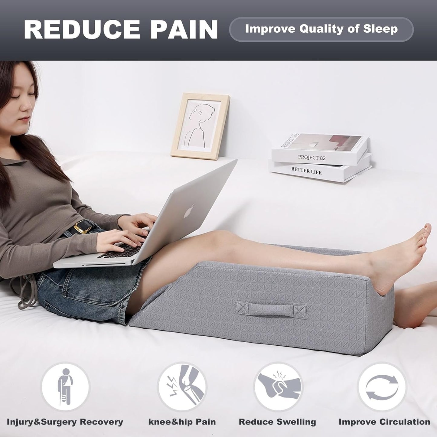 Shinnwa Leg Elevation Pillow Post Surgery with Washable Cover and Handle, Leg Support for Injury Recovery&Pain Relief, Knee Pillow for Sleeping - Grey