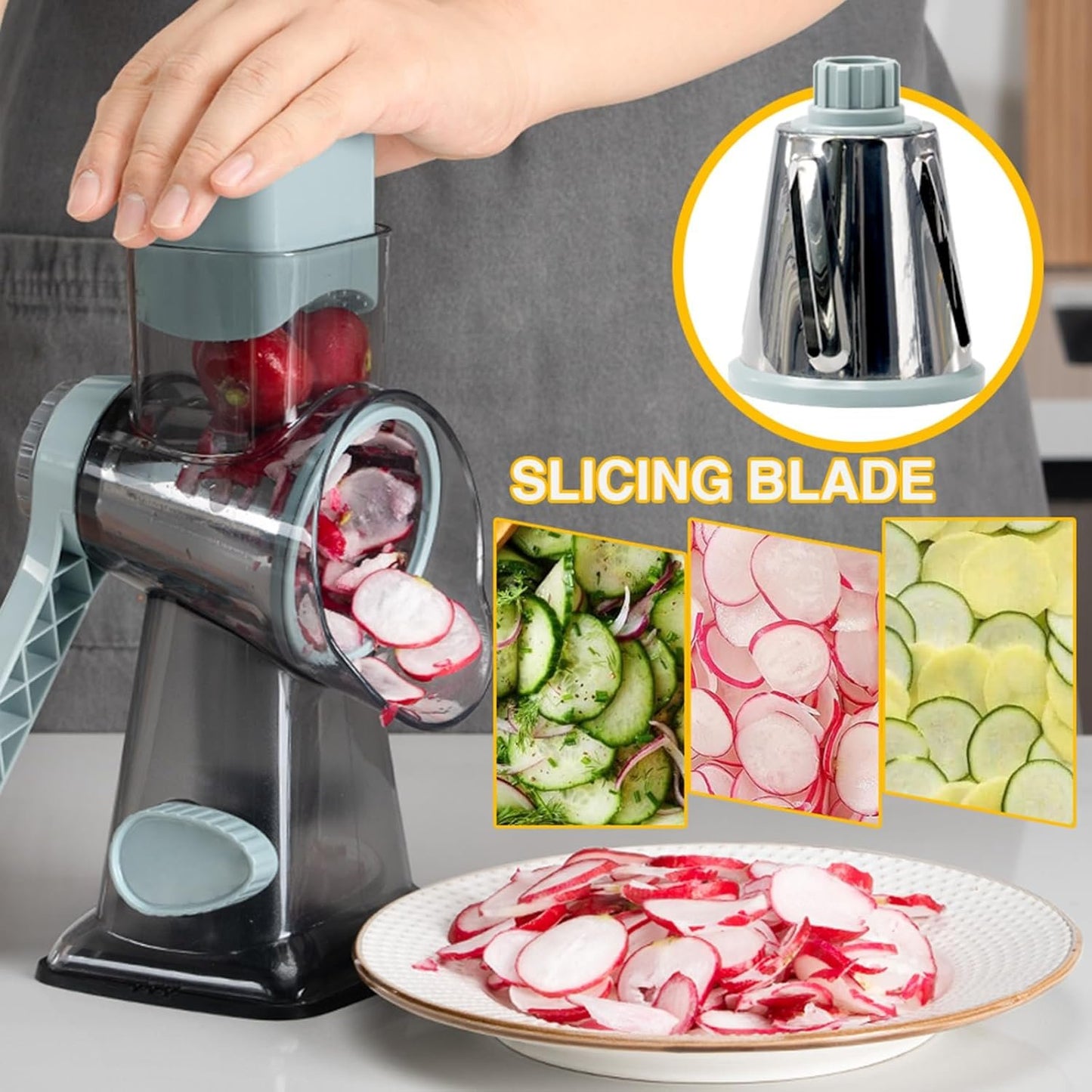 ERGONOW Rotary Cheese Grater Rotary Handheld with 3 Interchangeable Blades, Handheld Vegetable Slicer, Vegetable Chopper for Nuts, Fresh Cheese, and Vegetables, Upgraded Union Body Design (Blue)