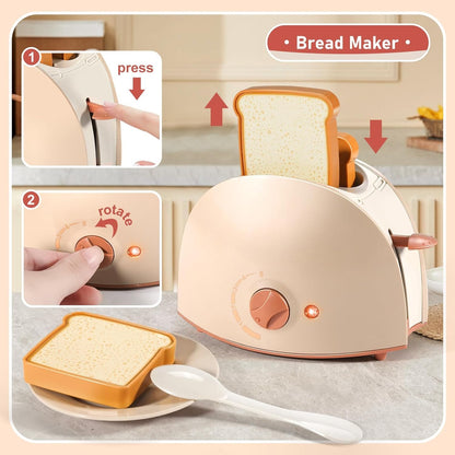 Kids Assorted Kitchen Appliance Play Toys Includes Coffee Maker ,Blender,Fruit Machine and Toaster ,Apron and Cups,with Realistic Lights& Sounds,Learning Gift for Toddlers Baby Girls Boys