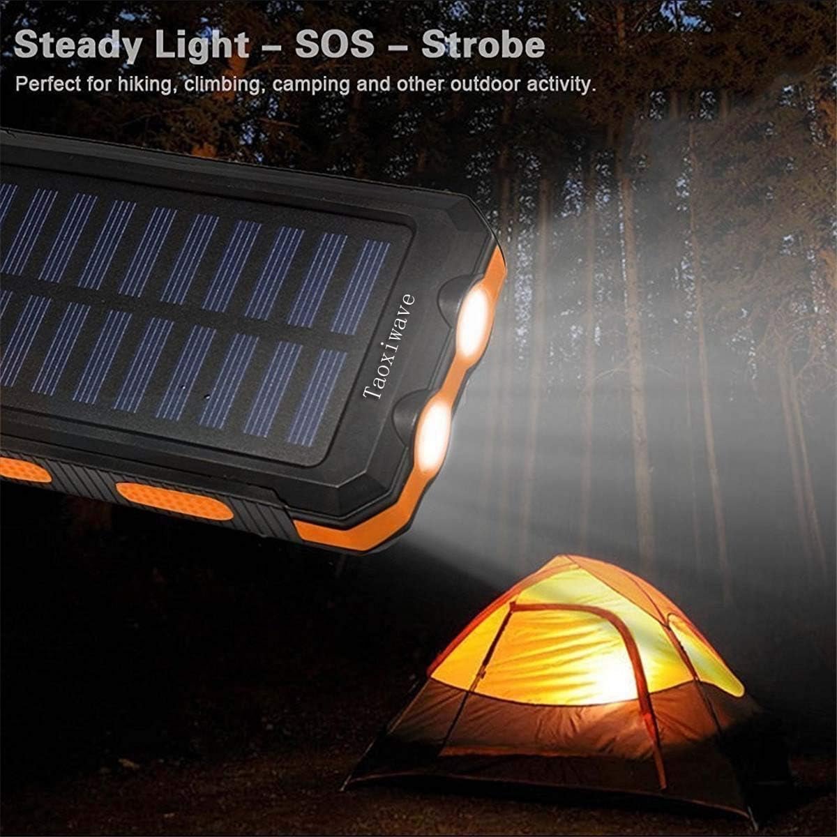 Solar Charger Solar Power Bank 20000mAh Waterproof Portable External Backup Outdoor Cell Phone Battery Charger with Dual LED Flashlights Solar Panel for all Cellphones (Black & Orange)