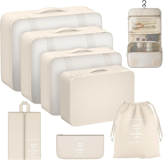 Suitcase Organizer 8 Piece (Beige) Space Saving Suitcase Organizer Set Suitcase Packing Cubes Suitcase Organizer Suitcase Compression