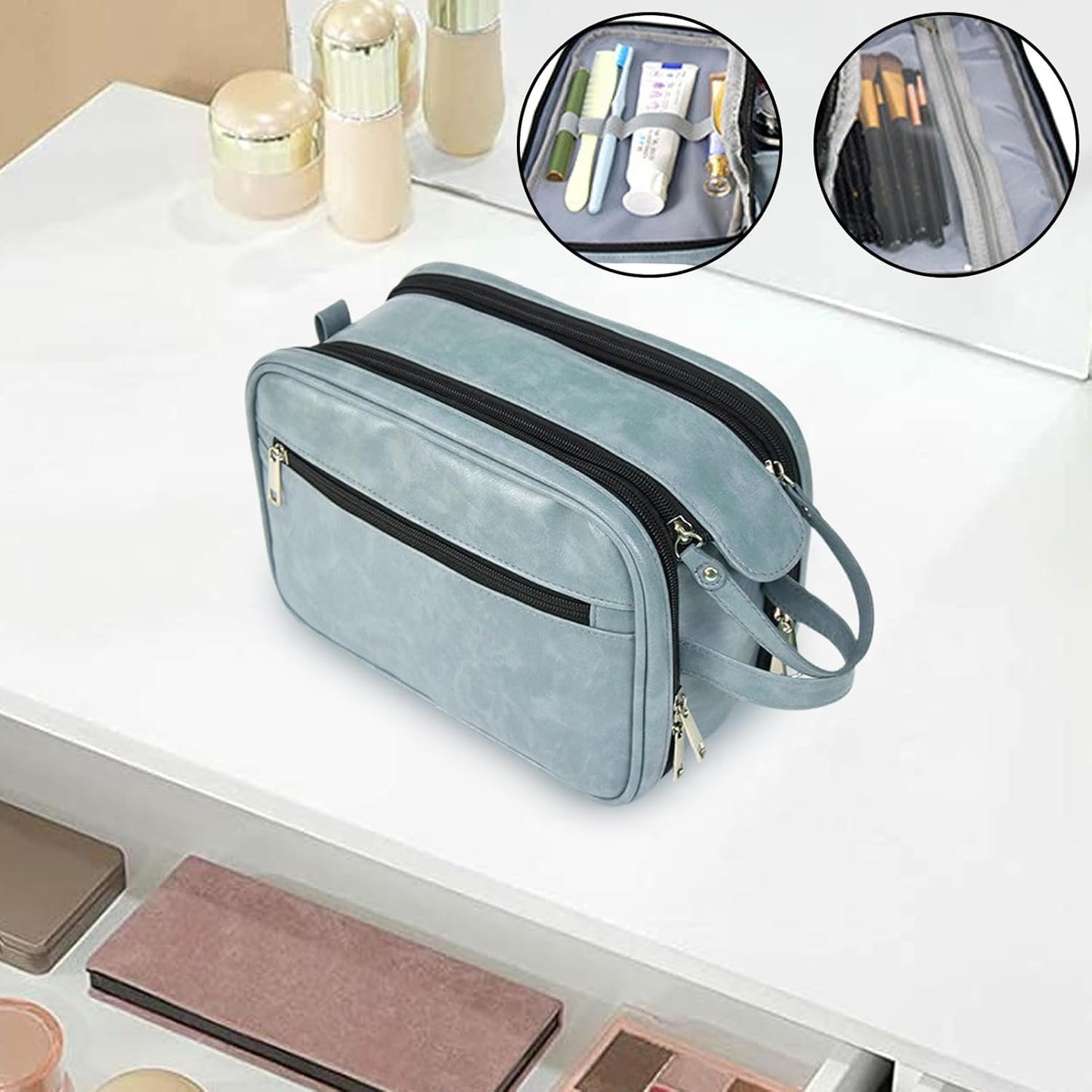 Humdcdy Hygiene Bag for Men, Waterproof PU Shaving Bag for Men, Reusable Men Cosmetic Bag, Toiletry Organizer, Large Travel Toilet Bags for Men Travelling, Blue, Refer to description, Unisex