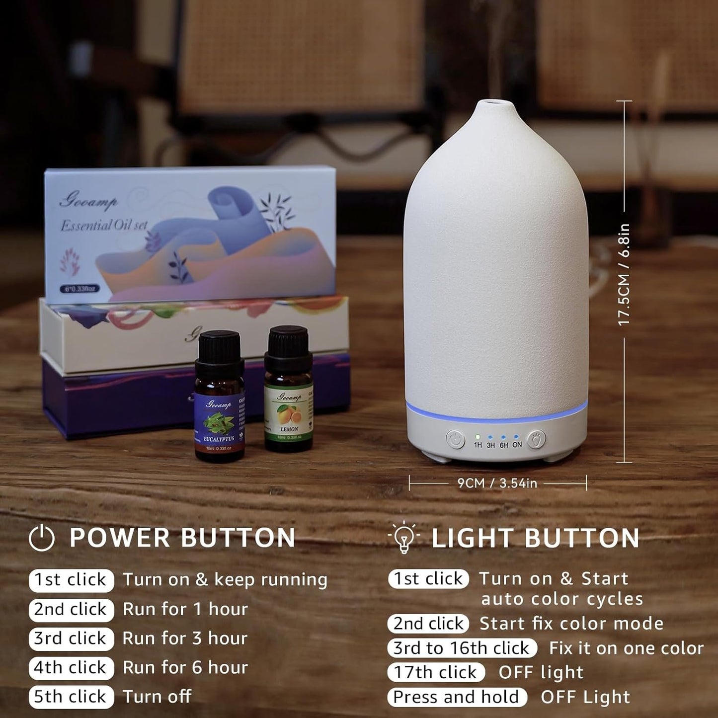 Gooamp 200ML Ceramic Diffuser,Aromatherapy Diffuser,Essential Oil Diffuser with 7 Color Lights Auto Shut Off for Home Office Room, White Base (1/3/6/ON hrs Working time)