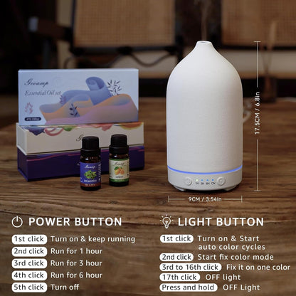 Gooamp 200ML Ceramic Diffuser,Aromatherapy Diffuser,Essential Oil Diffuser with 7 Color Lights Auto Shut Off for Home Office Room, White Base (1/3/6/ON hrs Working time)