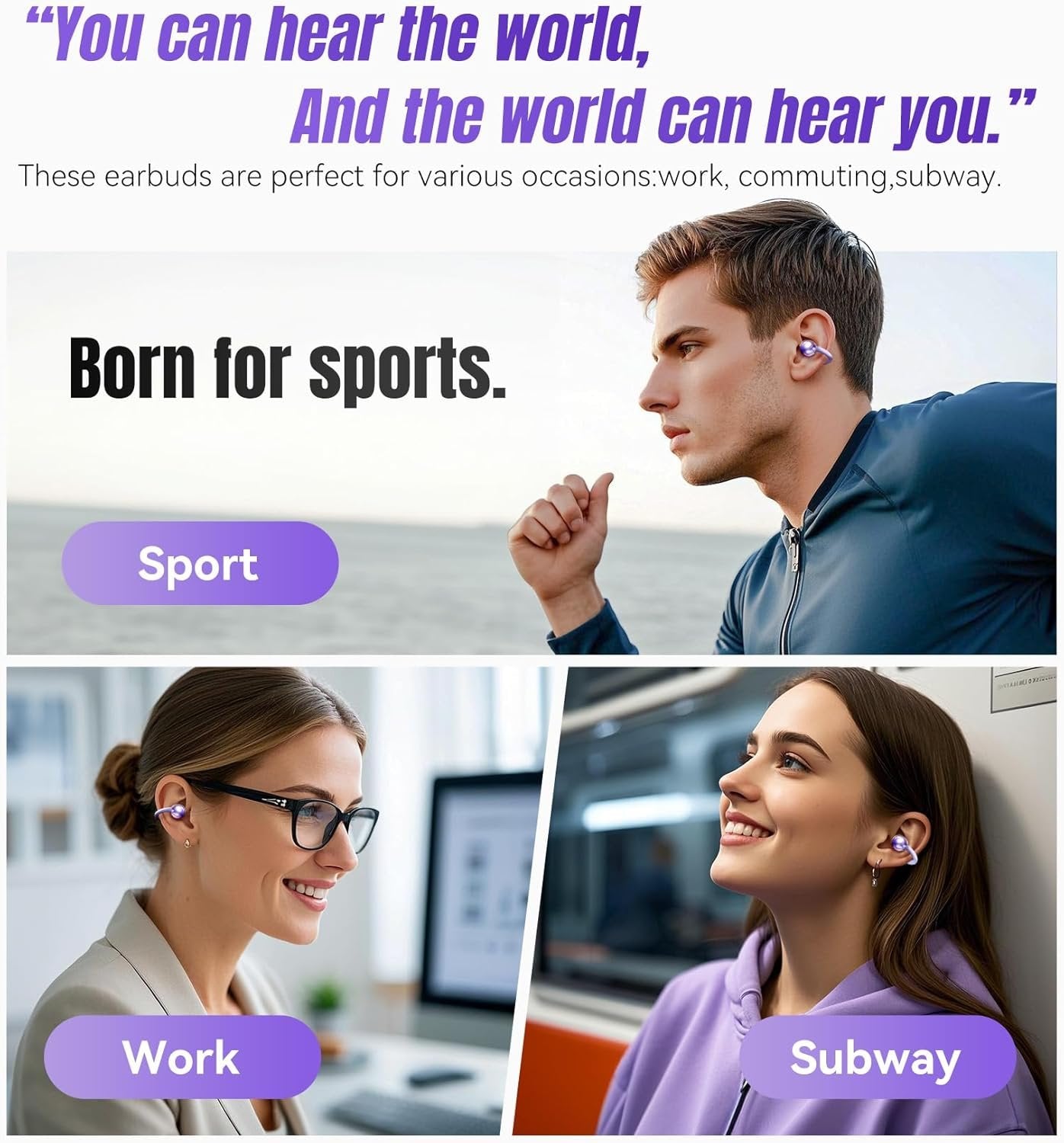 King Lucky Open Ear Earbuds Wireless Bluetooth 5.4 Clip-on Headphones with Mic - 50H Playtime, Ipx5 Waterproof - Ideal for Sports & Workouts, Comfortable for Small Ears & Glasses Wearers (Purple)