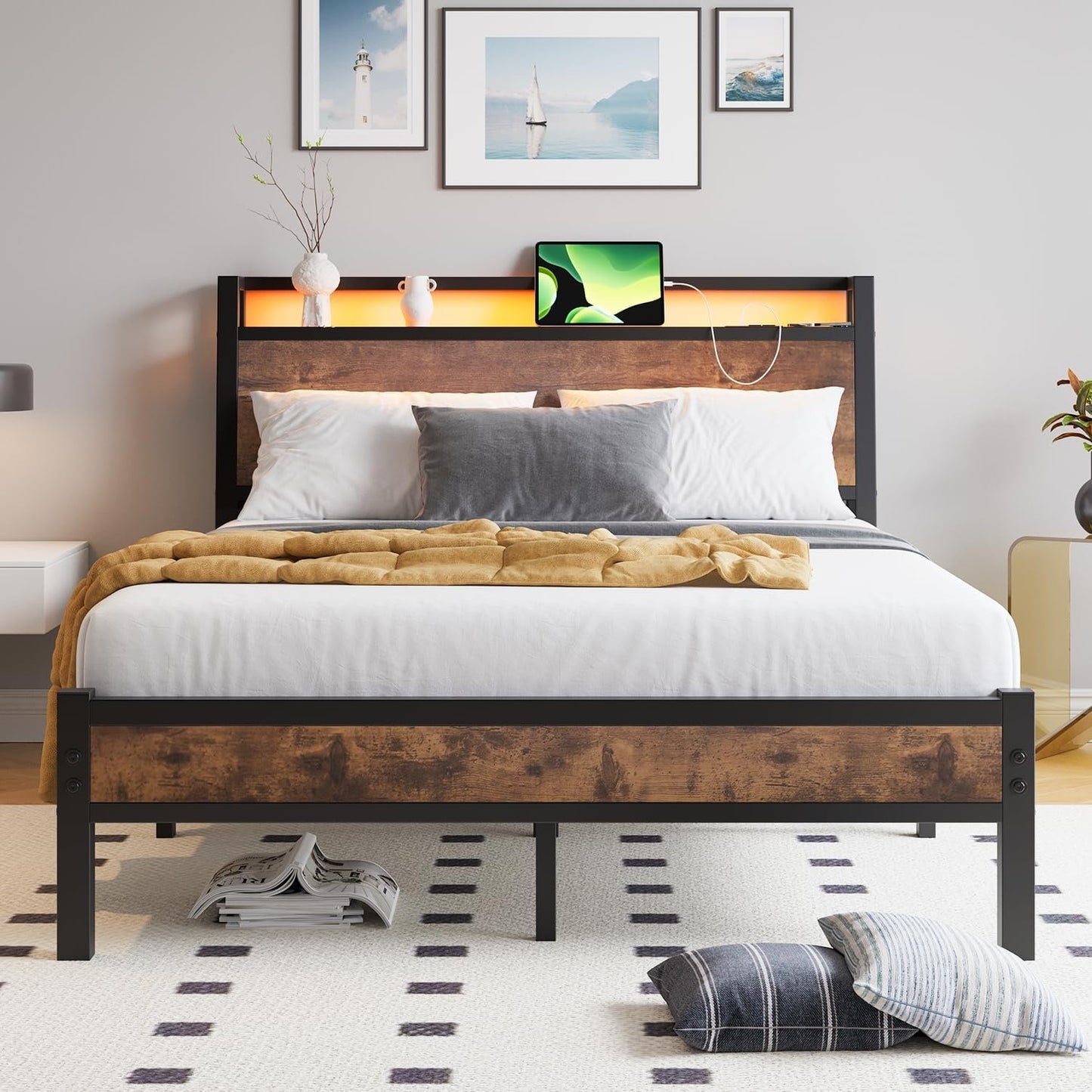 ZGEHCO Full Size Bed Frame with Ergonomic Headboard, Metal Full Bed Frame with Charging Station & LED Lights Double Bed Frame with Storage & Strong Steel Slats,No Box Spring Needed, Rustic Brown
