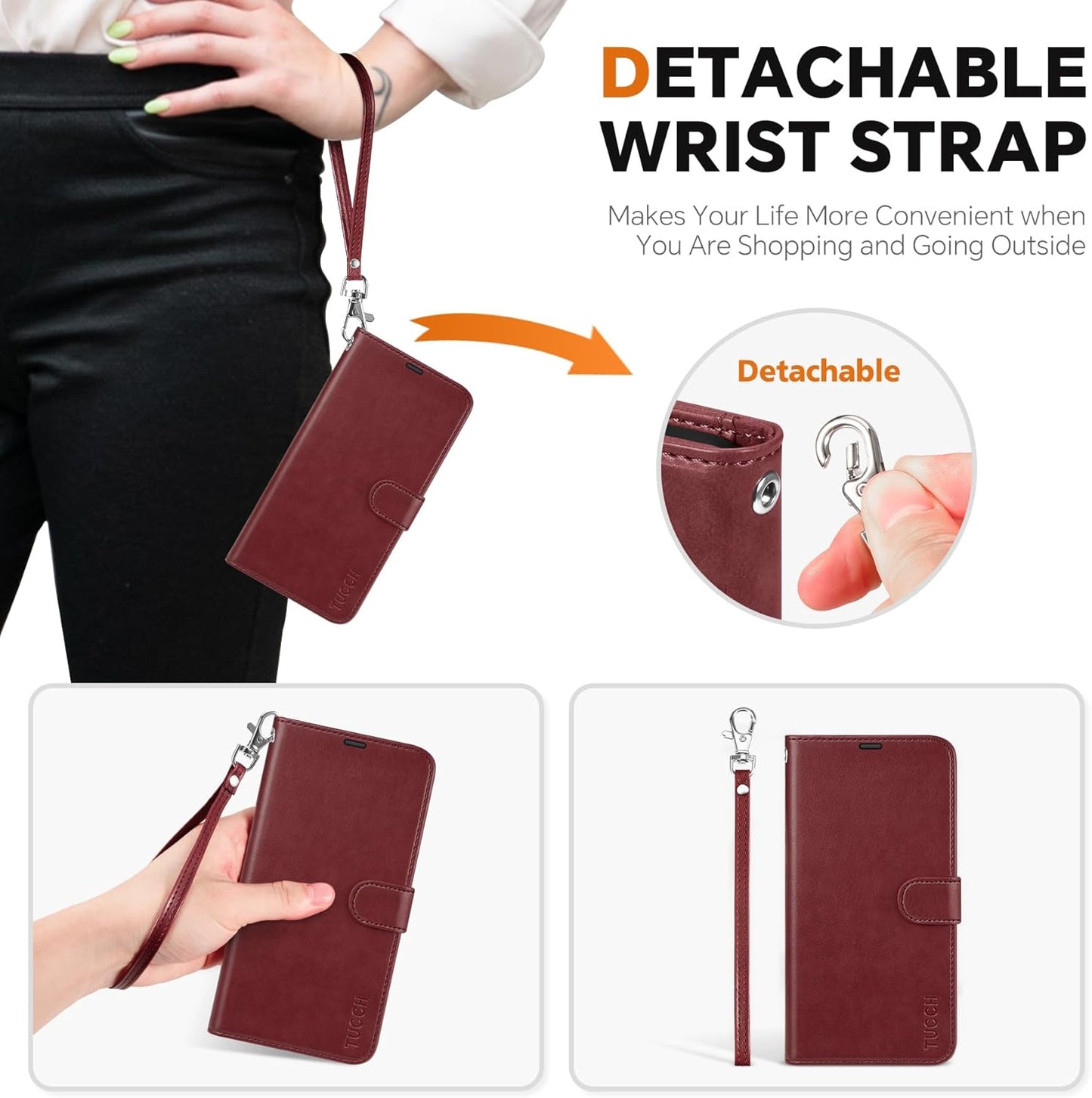 TUCCH Case for Galaxy S25 (6.2") 2025 5G, [Removable] 2 in 1 Wallet Stand Cover with[Wrist Strap][RFID Blocking][Wireless Charging][Card Holders] Shockproof Magnetic PU Leather Folding Case, Dark Red