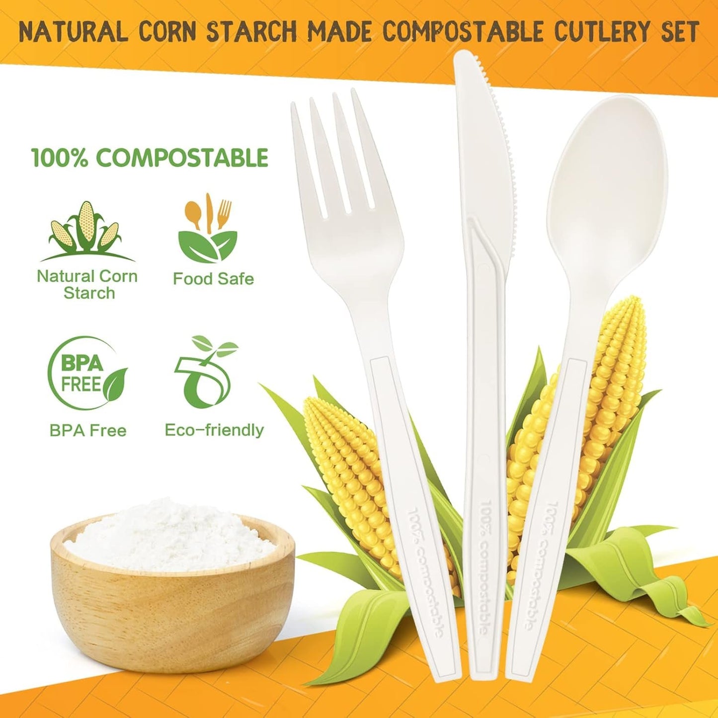 Gezond Compostable Cutlery Set 300 Pack Disposable Cutlery- 150 Forks 100 Spoons 50 Knives 7 Inch Biodegradable Utensils Set Heavy Duty Biodegradable Cutlery