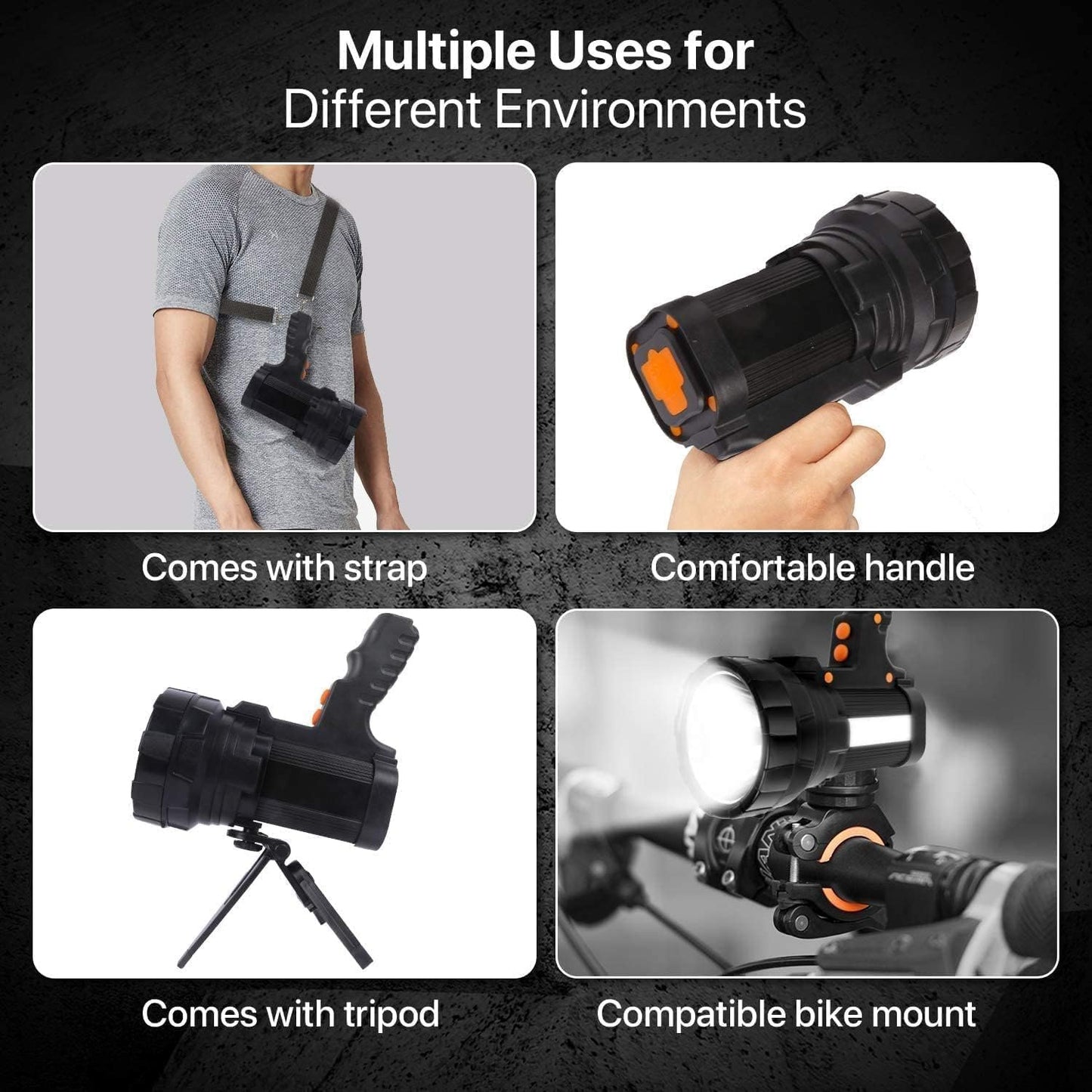 Super Bright LED Handheld Spotlight Flashlight Rechargeable 10000mAh 10000 Lumens Long Lasting Spot Light Waterproof Tactical Torch, 6 Light Modes Side Floodlight, USB Output PowerBank