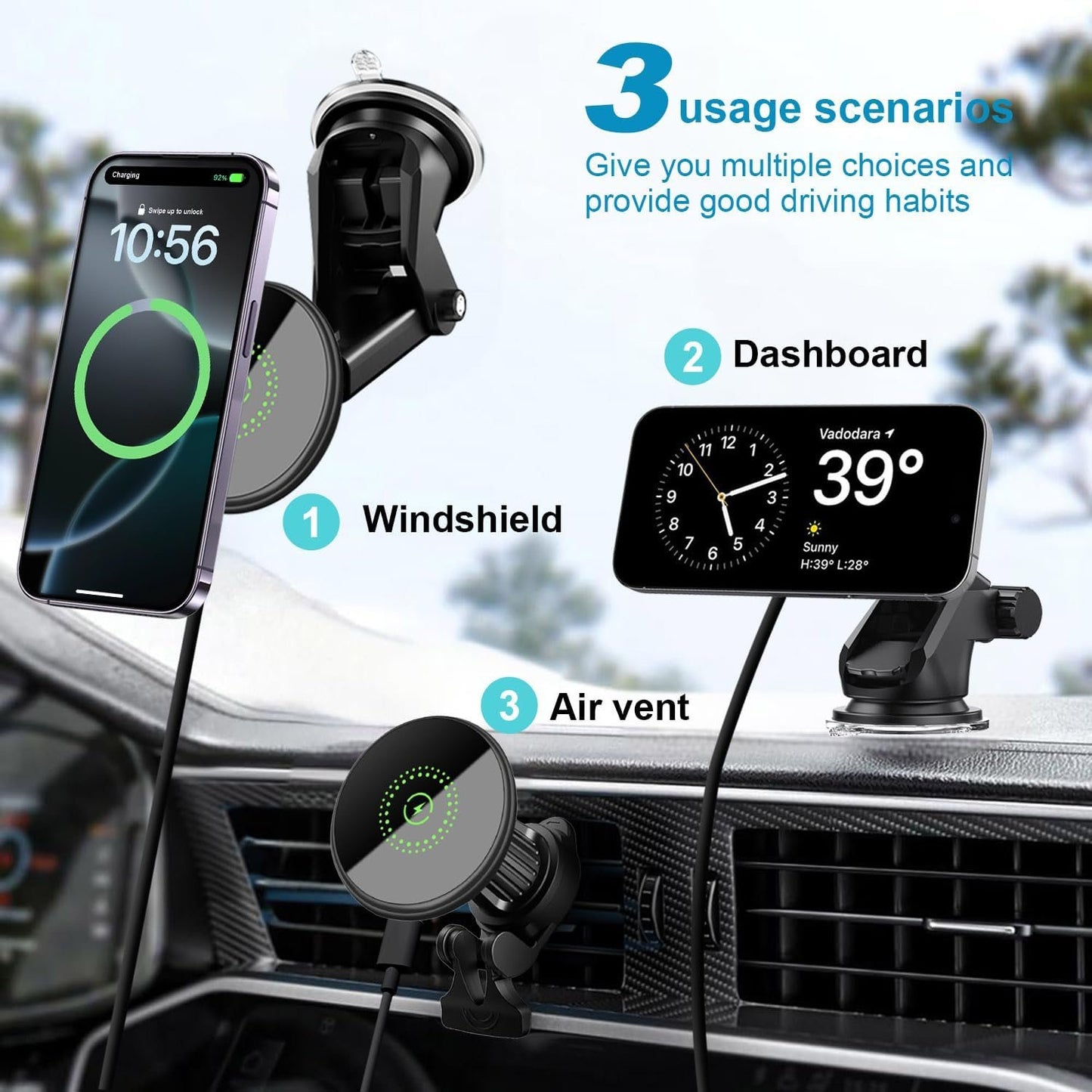 Magnetic Wireless Car Charger Mount 15W Car Phone Holder Compatibl with iPhone 12-16 Series,Vent Windshield Dash Mount Phone Charger Holder Mount (Black Magnetic)