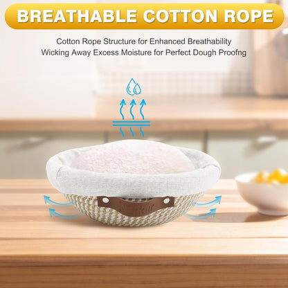Nikkar Banneton Bread Proofing Basket Set of 2, 9 10 11Inch Round Oval Cotton Rope Sourdough Bread Baking Supplies Proofing Bowls with Liners & Covers Gifts for Bakers Women Wife Mom
