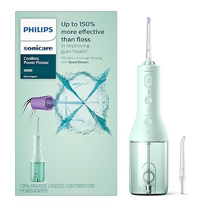Philips Sonicare Cordless Power Flosser 3000, Water Flosser with Innovative Quad Stream Technology, Oral Irrigator with 2 Flossing Modes and 3 Intensity Levels, Ergonomic Design, Mint, HX3826/24