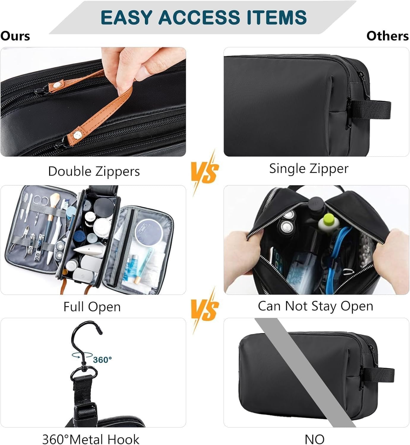 BAGSPRITE Toiletry Bag for Men, Women Travel Bag with Hanging Hook, Water-resistant Makeup Cosmetic Bag Shaving Kit Organizer, Bathroom Bag for Traveling, Black Brown, â… - Medium