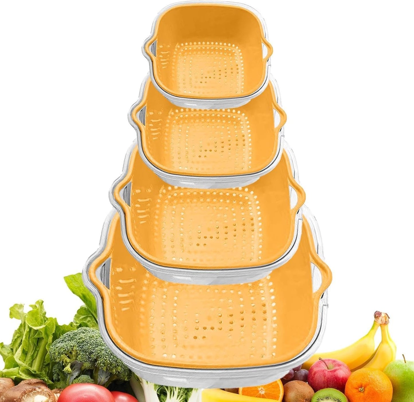 2 Tier Food Washing Colander, Fruit and Veggie Washer Colander, Multifunctional Kitchen Strainer Tool, Thickened Food Prep Salad Washing Tool for Kitchen (Beige, Yellow, Green)
