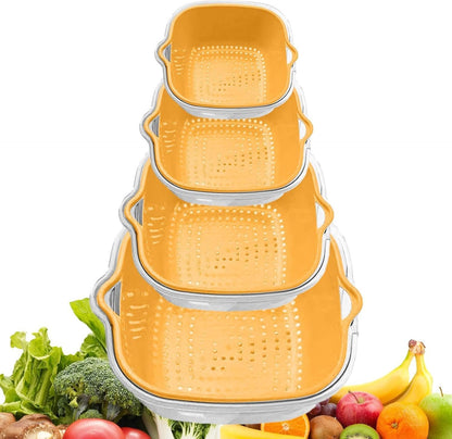2 Tier Food Washing Colander, Fruit and Veggie Washer Colander, Multifunctional Kitchen Strainer Tool, Thickened Food Prep Salad Washing Tool for Kitchen (Beige, Yellow, Green)