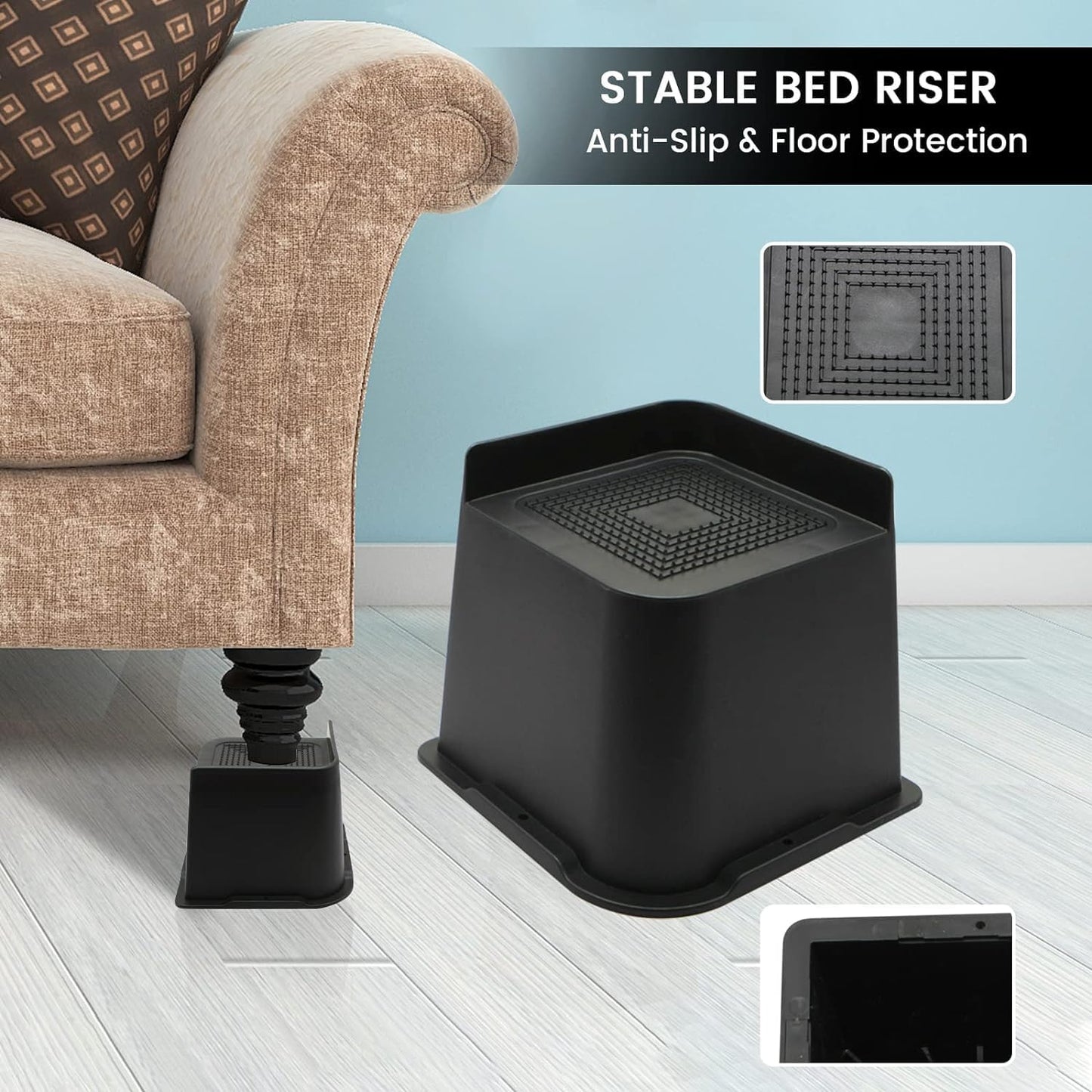 MQFORU Bed Risers 4 inch,L Shape Oversized Furniture Risers,Heavy Duty Support to 6000lbs,Wide Opening Bed Lifts for Bed, Couches, Tables, Desks (Black,4pack)