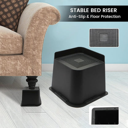 MQFORU Bed Risers 4 inch,L Shape Oversized Furniture Risers,Heavy Duty Support to 6000lbs,Wide Opening Bed Lifts for Bed, Couches, Tables, Desks (Black,4pack)